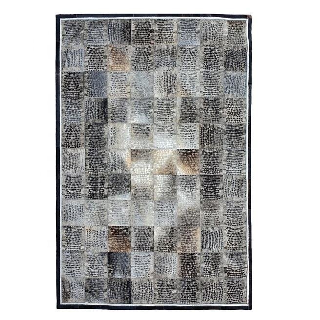 Natural Grey Cowhide Rug Laser Engraved Hair On Leather Area Carpet For Living Room & Outdoor Decor